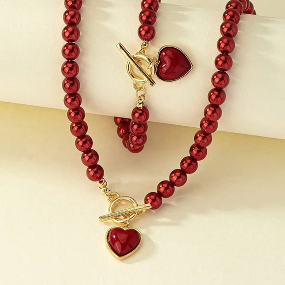 Red Beaded Necklace & Bracelet Set with Heart Charm – Gold Toggle Closure – 17.3 - Picture 1 of 1